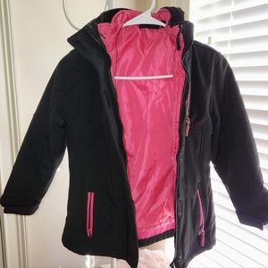 Girls Black Reebok Coat with Pink Fleece Lined Soft Shell Jacket -2 coats in one